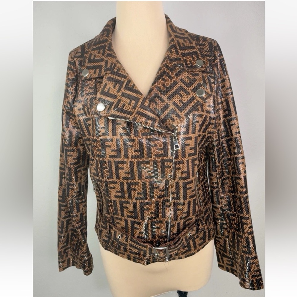 Designer FFindi Logo Brown Tone MOTO Jacket Women's M